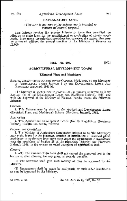 The Agricultural Development Loans (Electrical Plant and Machinery) Scheme (Northern Ireland) 1962