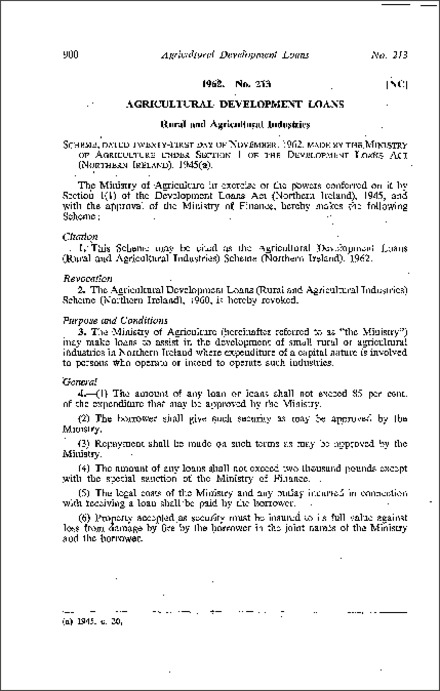 The Agricultural Development Loans (Rural and Agricultural Industries) Scheme (Northern Ireland) 1962