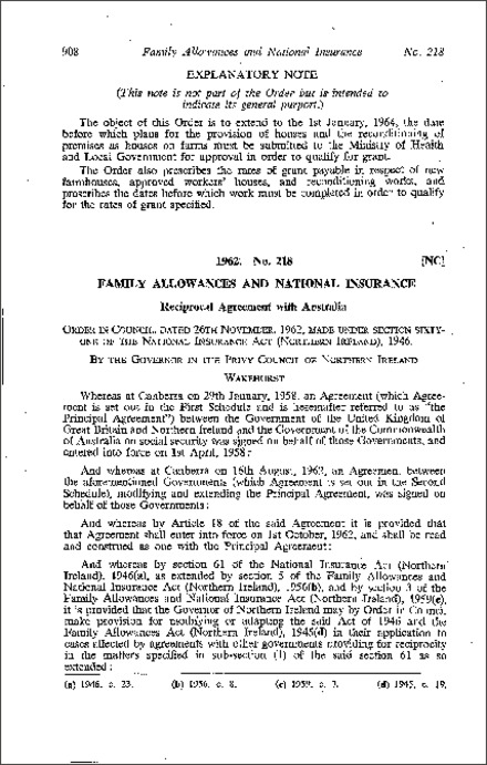 The Family Allowances and National Insurance (Reciprocal Agreement with Australia) Order (Northern Ireland) 1962