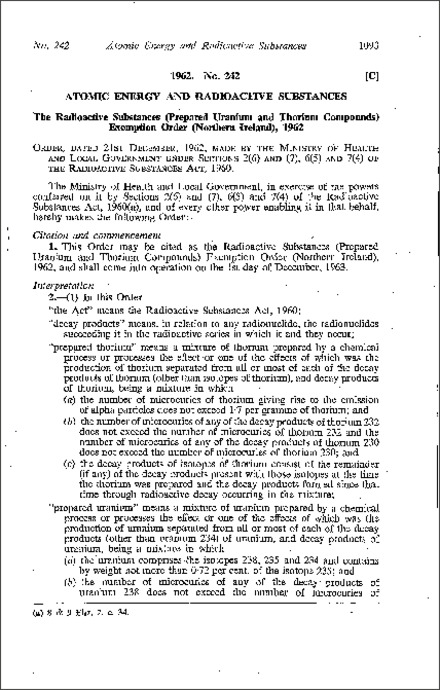 The Radioactive Substances (Prepared Uranium and Thorium Compounds) Exemption Order (Northern Ireland) 1962