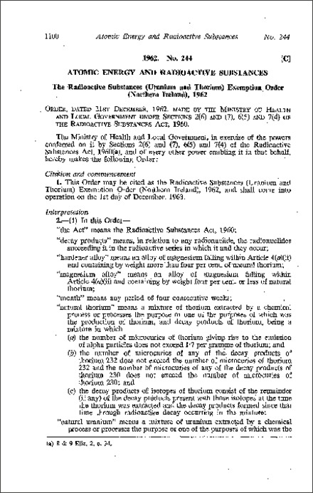The Radioactive Substances (Uranium and Thorium) Exemption Order (Northern Ireland) 1962