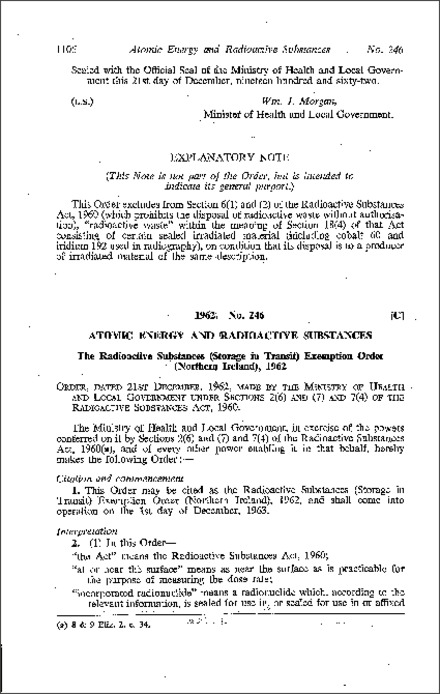 The Radioactive Substances (Storage in Transit) Exemption Order (Northern Ireland) 1962