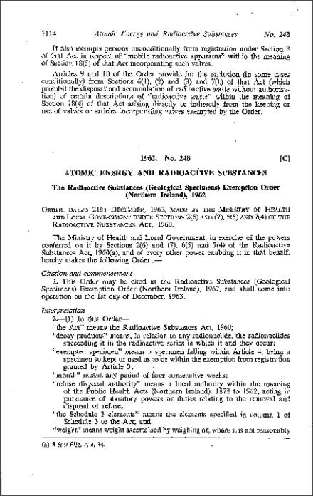 The Radioactive Substances (Geological Specimens) Exemption Order (Northern Ireland) 1962