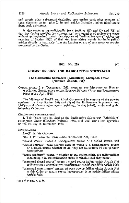 The Radioactive Substances (Exhibitions) Exemption Order (Northern Ireland) 1962