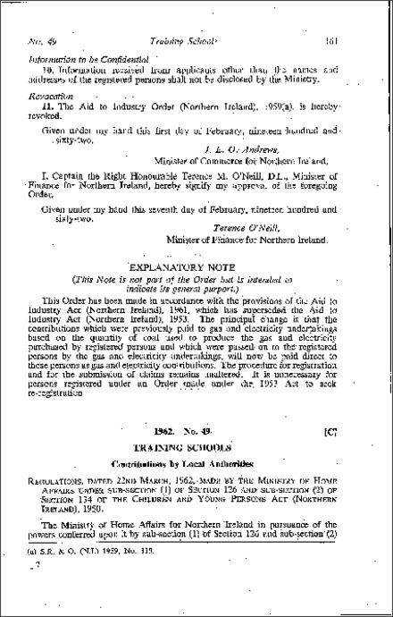 The Training Schools (Contributions by Local Authorities) Regulations (Northern Ireland) 1962