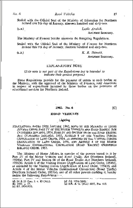 The Road Vehicles Lighting (Amendment) Regulations (Northern Ireland) 1962