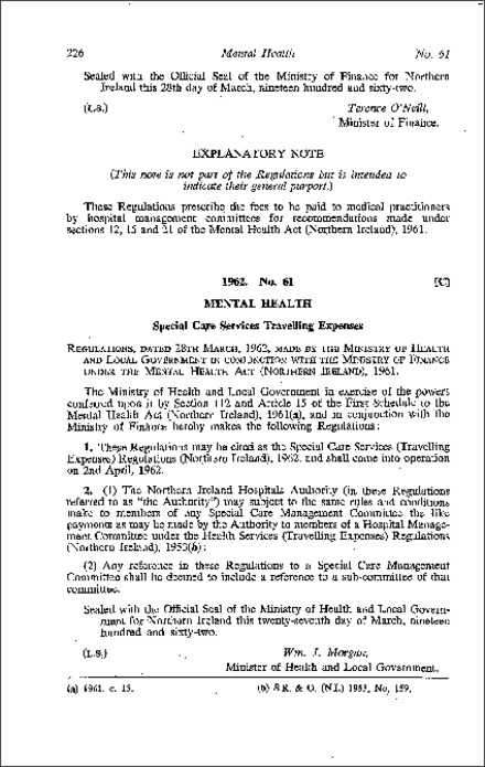 The Special Care Services (Travelling Expenses) Regulations (Northern Ireland) 1962