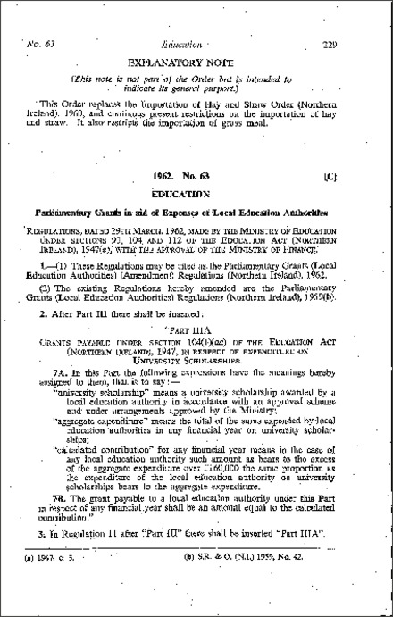 The Parliamentary Grants (Local Education Authorities) (Amendment) Regulations (Northern Ireland) 1962