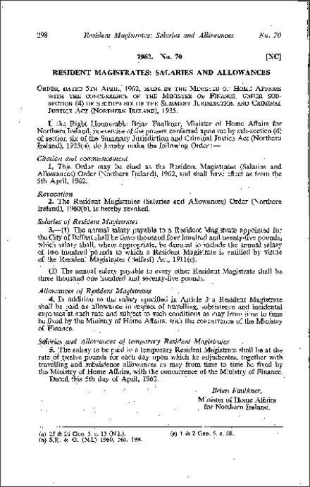 The Resident Magistrates (Salaries and Allowances) Order (Northern Ireland) 1962