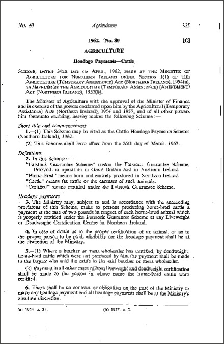 The Cattle Headage Payments Scheme (Northern Ireland) 1962