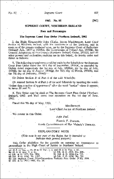 The Supreme Court Fees Order (Northern Ireland) 1962