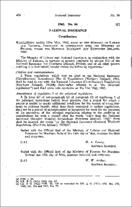 The National Insurance (Contributions) Amendment (No. 2) Regulations (Northern Ireland) 1962