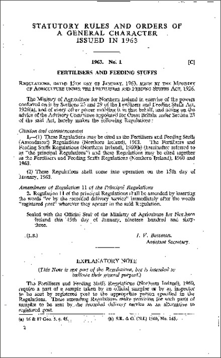 The Fertilisers and Feeding Stuffs (Amendment) Regulations (Northern Ireland) 1963