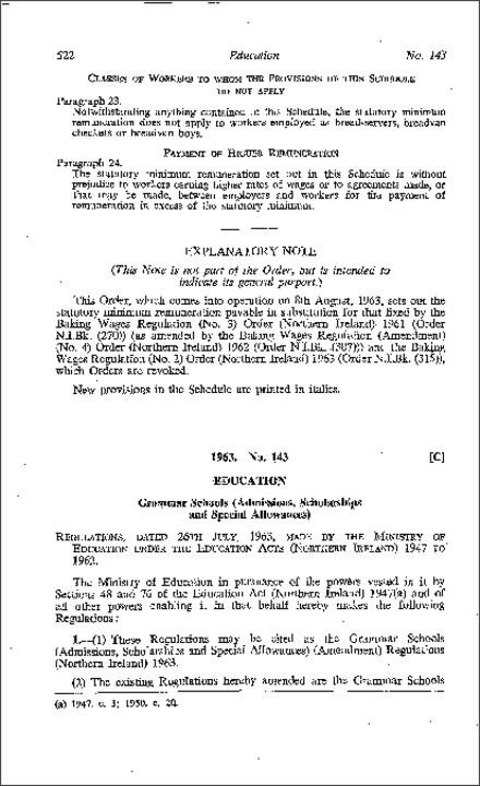 The Grammar Schools (Admissions, Scholarships and Special Allowances) (Amendment) Regulations (Northern Ireland) 1963