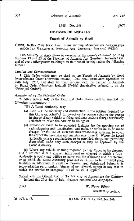 The Transit of Animals by Road (Amendment) Order (Northern Ireland) 1963