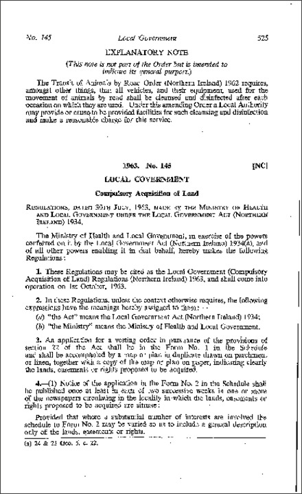 The Local Government (Conpulsory Acquisition of Land) Regulations (Northern Ireland) 1963