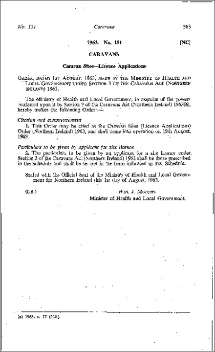 The Caravan Sites (Licence Applications) Order (Northern Ireland) 1963