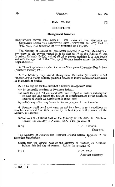 The Management Bursaries Regulations (Northern Ireland) 1963