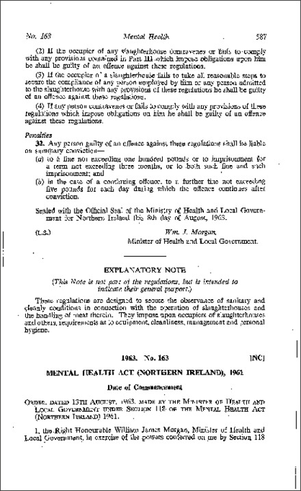 The Mental Health Act 1961 (Commencement) Order (Northern Ireland) 1963