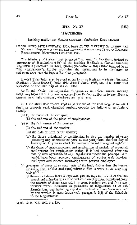 The Ionising Radiations (Sealed Sources) (Radiation Dose Record) Order (Northern Ireland) 1963