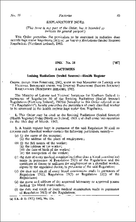 The Ionising Radiations (Sealed Sources) (Health Register) Order (Northern Ireland) 1963