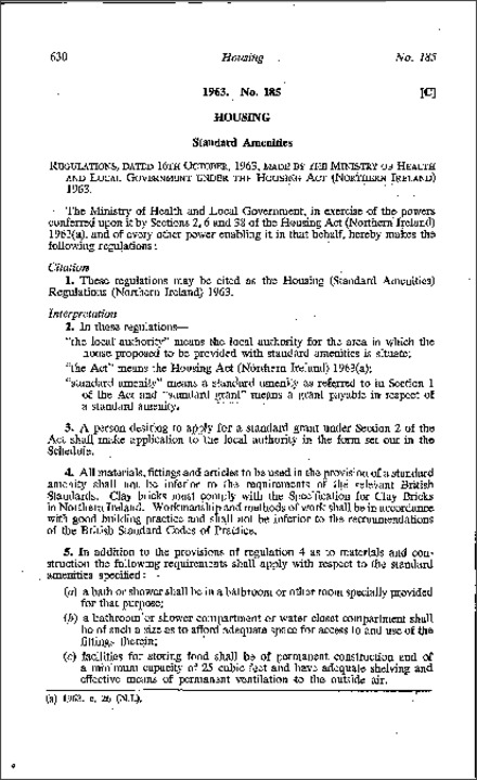 The Housing (Standard Amenities) Regulations (Northern Ireland) 1963