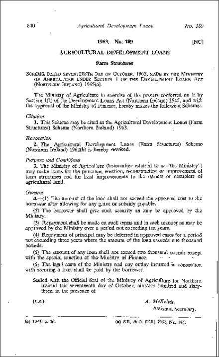 The Agricultural Development Loans (Farm Structures) Scheme (Northern Ireland) 1963