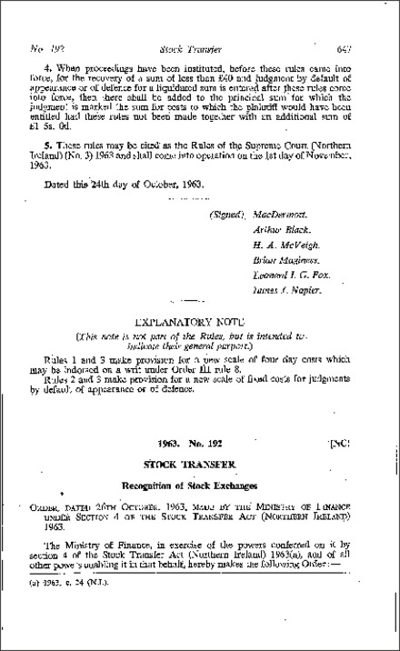 The Stock Transfer (Recognition of Stock Exchanges) Order (Northern Ireland) 1963