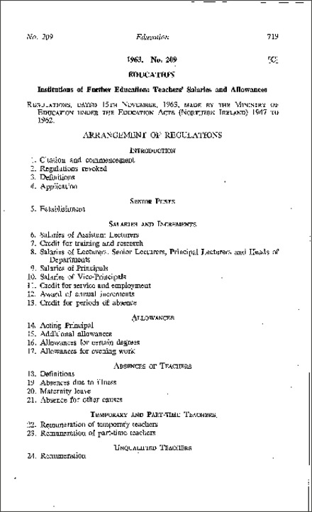 The Institutions of Further Education (Salaries and Allowances) Regulations (Northern Ireland) 1963