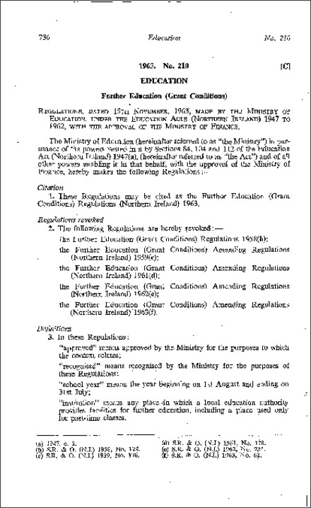 The Further Education (Grant Conditions) Regulations (Northern Ireland) 1963