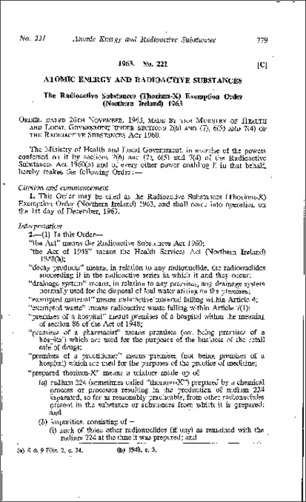 The Radioactive Substances (Thorium-X) Exemption Order (Northern Ireland) 1963