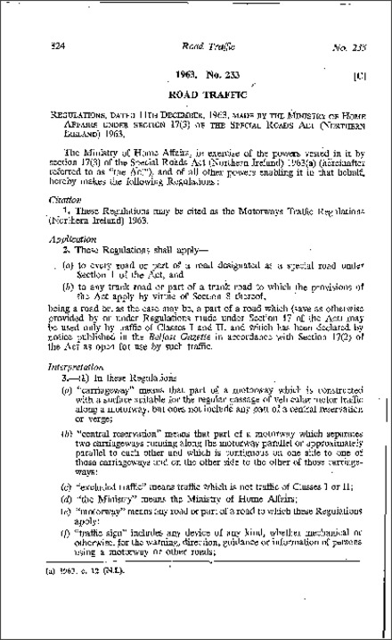 The Motorways Traffic Regulations (Northern Ireland) 1963