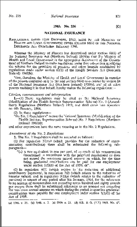 The National Insurance (Modification of the Health Services Superannuation Scheme) No. 2 (Amendment) Regulations (Northern Ireland) 1963