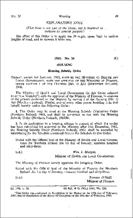 The Housing Subsidy (Variation) Order (Northern Ireland) 1963