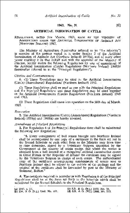 The Artificial Insemination (Cattle) (Amendment) Regulations (Northern Ireland) 1963