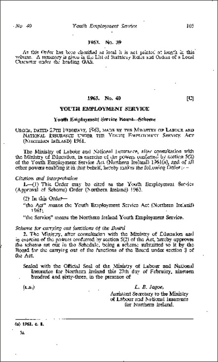 The Youth Employment Service (Approval of Scheme) Order (Northern Ireland) 1963