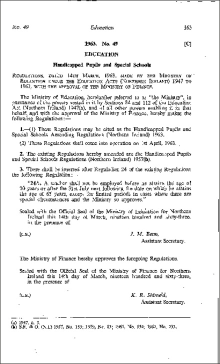 The Handicapped Pupils and Special Schools Amendment Regulations (Northern Ireland) 1963