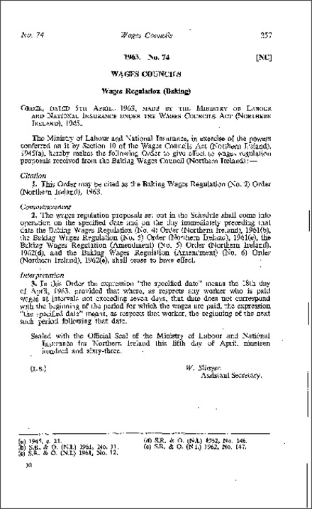 The Baking Wages Regulations (No. 2) Order (Northern Ireland) 1963