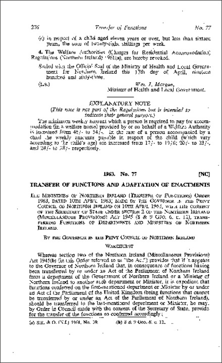 The Ministries of Northern Ireland (Transfer of Functions) Order (Northern Ireland) 1963