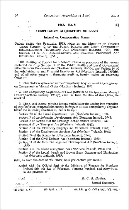 The Compulsory Acquisition of Land (Interest on Compensation Money) Order (Northern Ireland) 1963