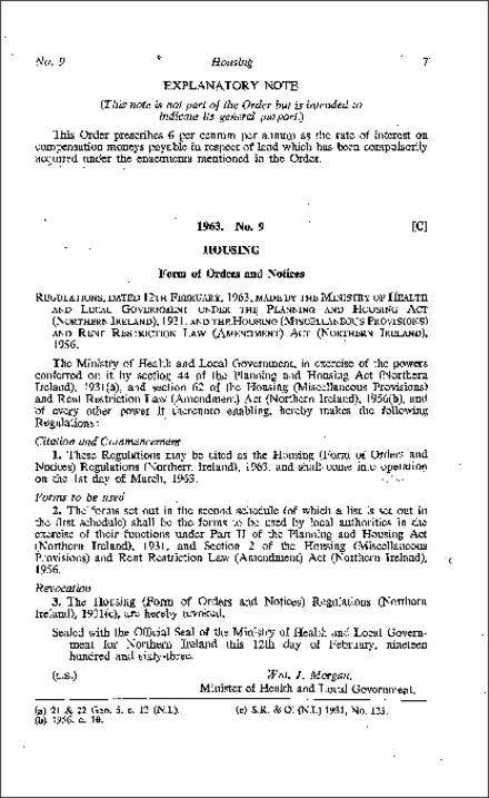 The Housing (Form of Orders and Notices) Regulations (Northern Ireland) 1963