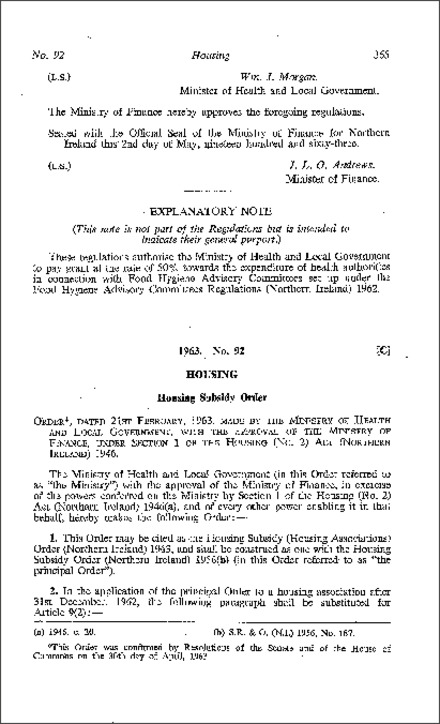 The Housing Subsidy (Housing Association) Order (Northern Ireland) 1963