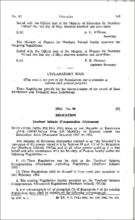 The Teachers' Salaries (Compensation Allowances) Amendment Regulations (Northern Ireland) 1963