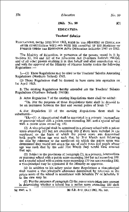 The Teachers' Salaries Amendment Regulations (Northern Ireland) 1963