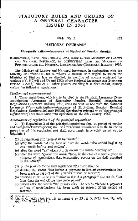 The National Insurance (Non-participation - Assurance of Equivalent Pension Benefits) Amendment Regulations (Northern Ireland) 1964