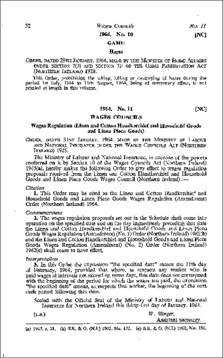 The Linen and Cotton Handkerchief and Household Goods and Linen Piece Goods Wages Regulations (Amendment) Order (Northern Ireland) 1964