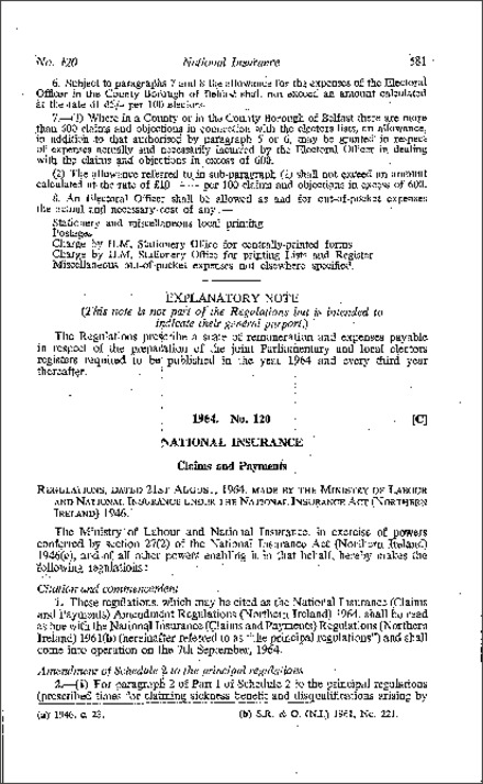 The National Insurance (Claims and Payments) Amendment Regulations (Northern Ireland) 1964