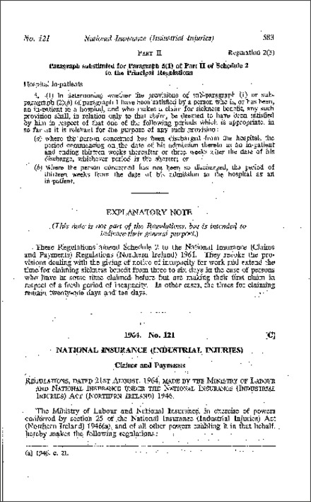 The National Insurance (Industrial Injuries) (Claims and Payments) Amendment Regulations (Northern Ireland) 1964