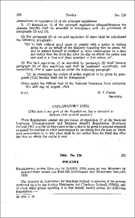 The Poultry Hatcheries (Amendment) Regulations (Northern Ireland) 1964