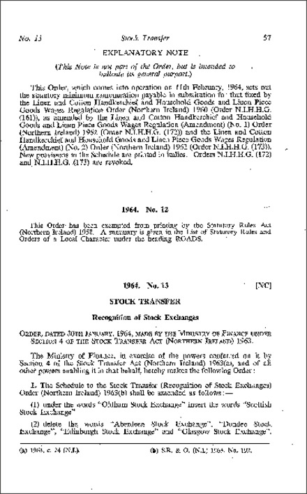 The Stock Transfer (Recognition of Stock Exchanges) (Amendment) Order (Northern Ireland) 1964